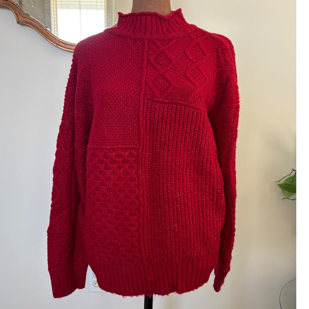 American Eagle Red Knit Patchwork Sweater Mock Ne… - image 1
